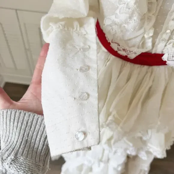 Vintage 50s Handmade Ivory Swiss Dot Lace Tiered Ruffle High Neck Dress Size S/6 - Picture 8 of 10